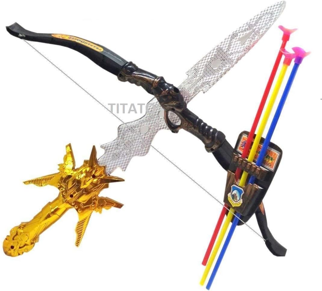 Kids Bahubali Style Soft Foam Bow Archery & Arrow, Sword Warrior Set - Fancy Cosplay Dress - (Multicolour, RANDOME PATTERN)