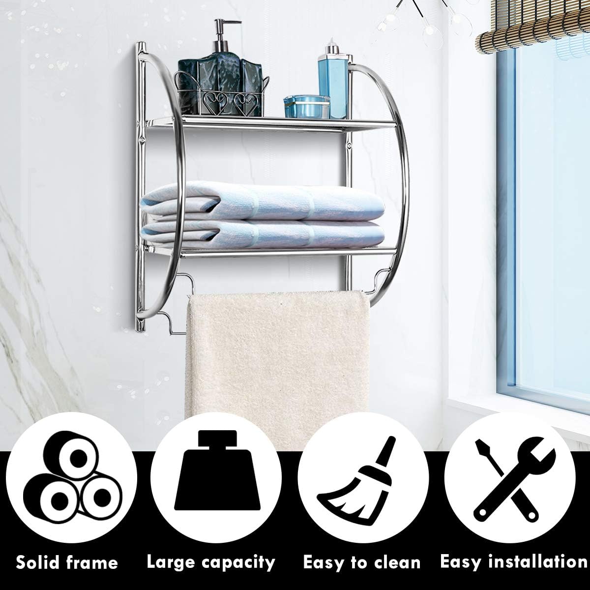 TANGKULA Wall Mount 2 Tier Bathroom Shelf with Towel Bars, 18"W X 10"D X 22"H, Chrome Bathroom Shelf, Home Toilet Double Layer Storage Shelf, Rustproof Chrome Shelf, Towel Shelf - - 