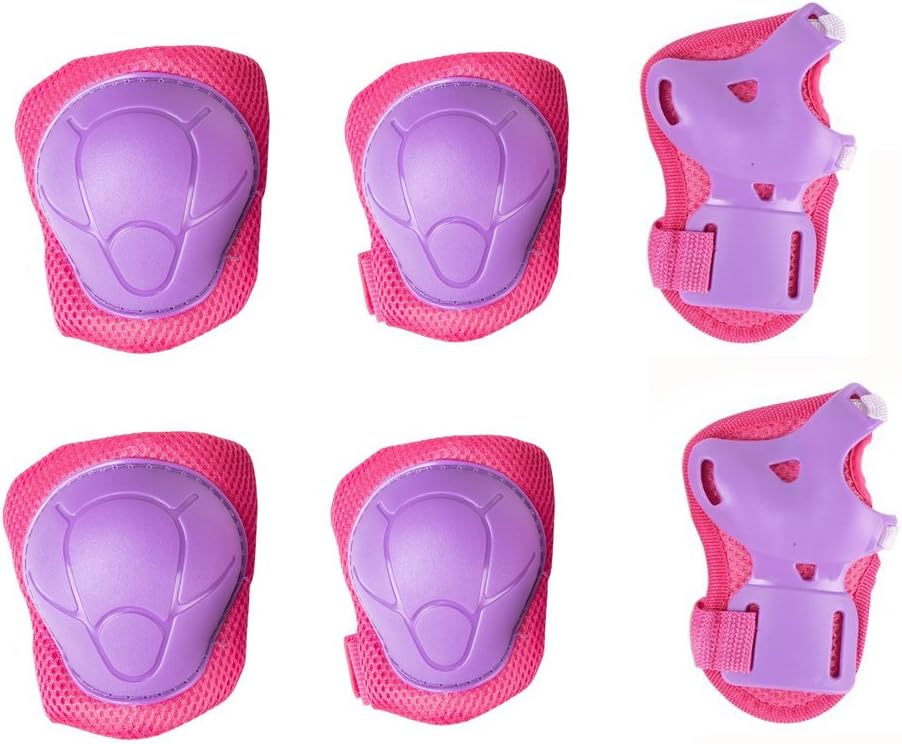 Kids Cycling Inline Roller Skating Protective Gear Set, Knee Pads Elbow Pads Wrist Guards for Boys and Girls Pack of 6 (Pink/Purple, S)