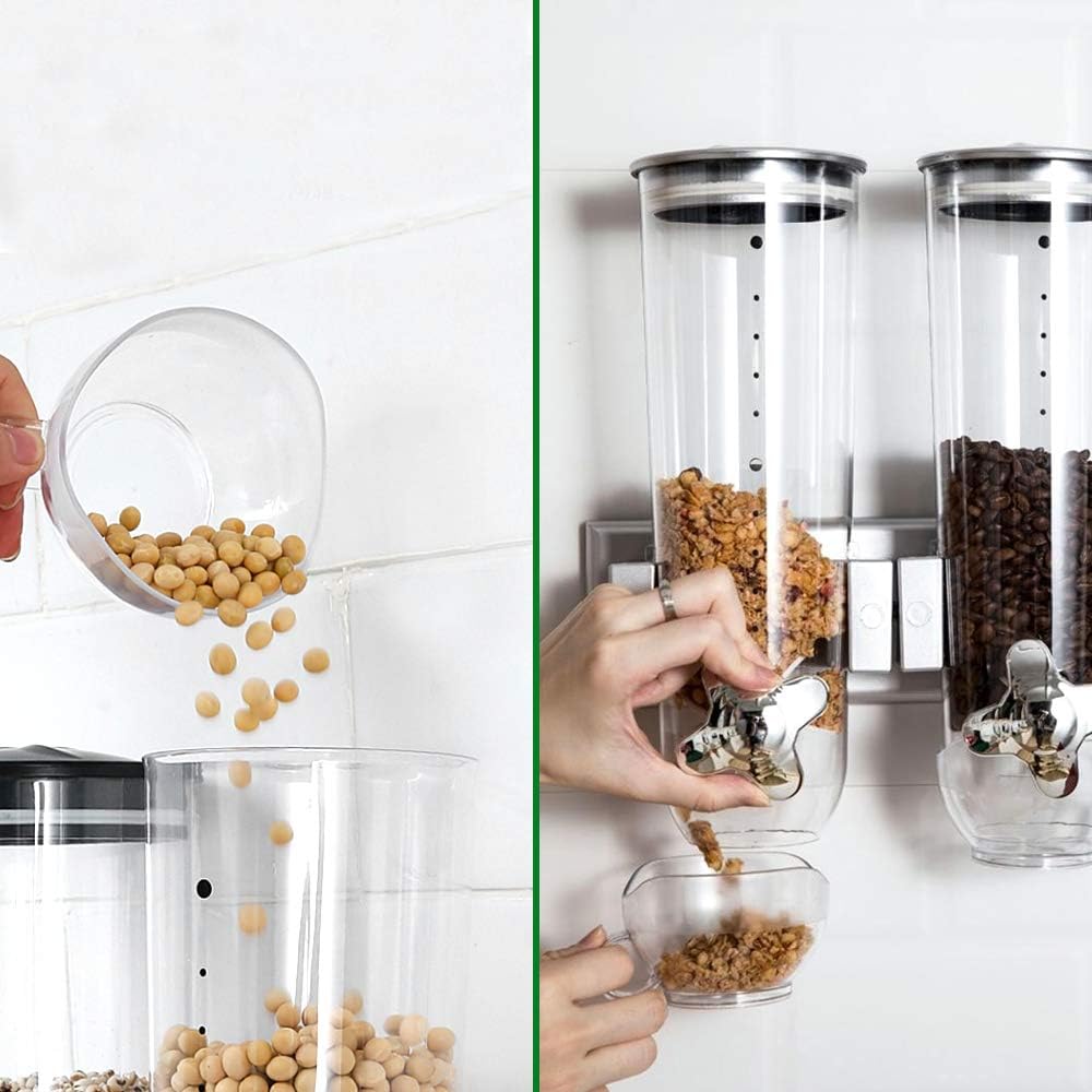 Wall Mount Dry Food Dispenser/Double Cereal Dispenser, Convenient Storage Dual Control for Cereal Nuts Beans Trail Mix Candy Granola Rice Pasta Container 7.5oz Each Cereals Bank: Kitchen & Dining