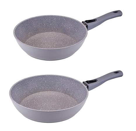 2er Set culinario Bratpfanne Ø 26 und 28 cm, grau, Granit-Optik, mit abnehmbarem Griff und ILAG GRANITEC Beschichtung