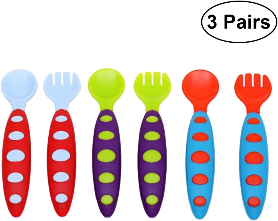 YeahiBaby 3 Pairs Baby Fork and Spoon Set Baby Toddler Flatware Set Feeding Utensils (Green Orange and Grey)
