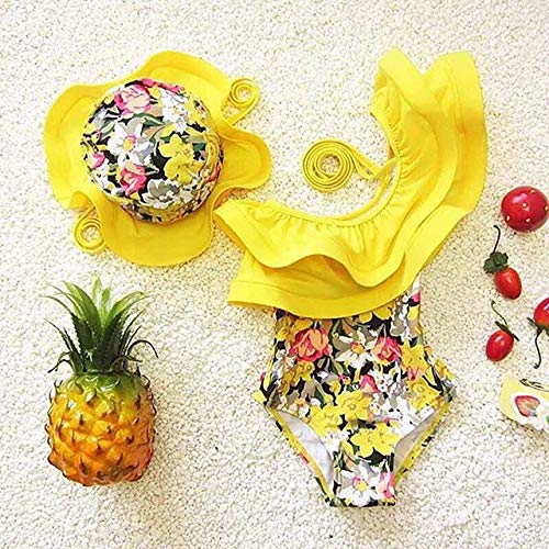 Jshuang❤️(6M-3Y) Toddler Baby Girl Ruffled Swimwear Floral Swimsuit Cap Bathing Beach Clothes Set（Yellow） - Thumbnail 2