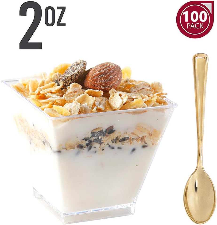 100 Square Clear Gold Dessert Cup 2 Oz with 100 Pieces Mini Gold Spoons, Durable Appetizers Cups and Reusable Spoons Great for Event and Party
