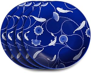 ZENS Bone China Dinnerware Set,10 Inch Fine Porcelain Dinner Plates of 4, Blue Floral Serving Platter for Housewarming Gifts