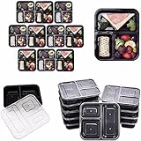 Lumenon 3 Compartment Reusable Food Storage Meal Containers with Lids, Microwave and Dishwasher Safe, Bento Lunch Box, Stackable, Set of 10 1000ml