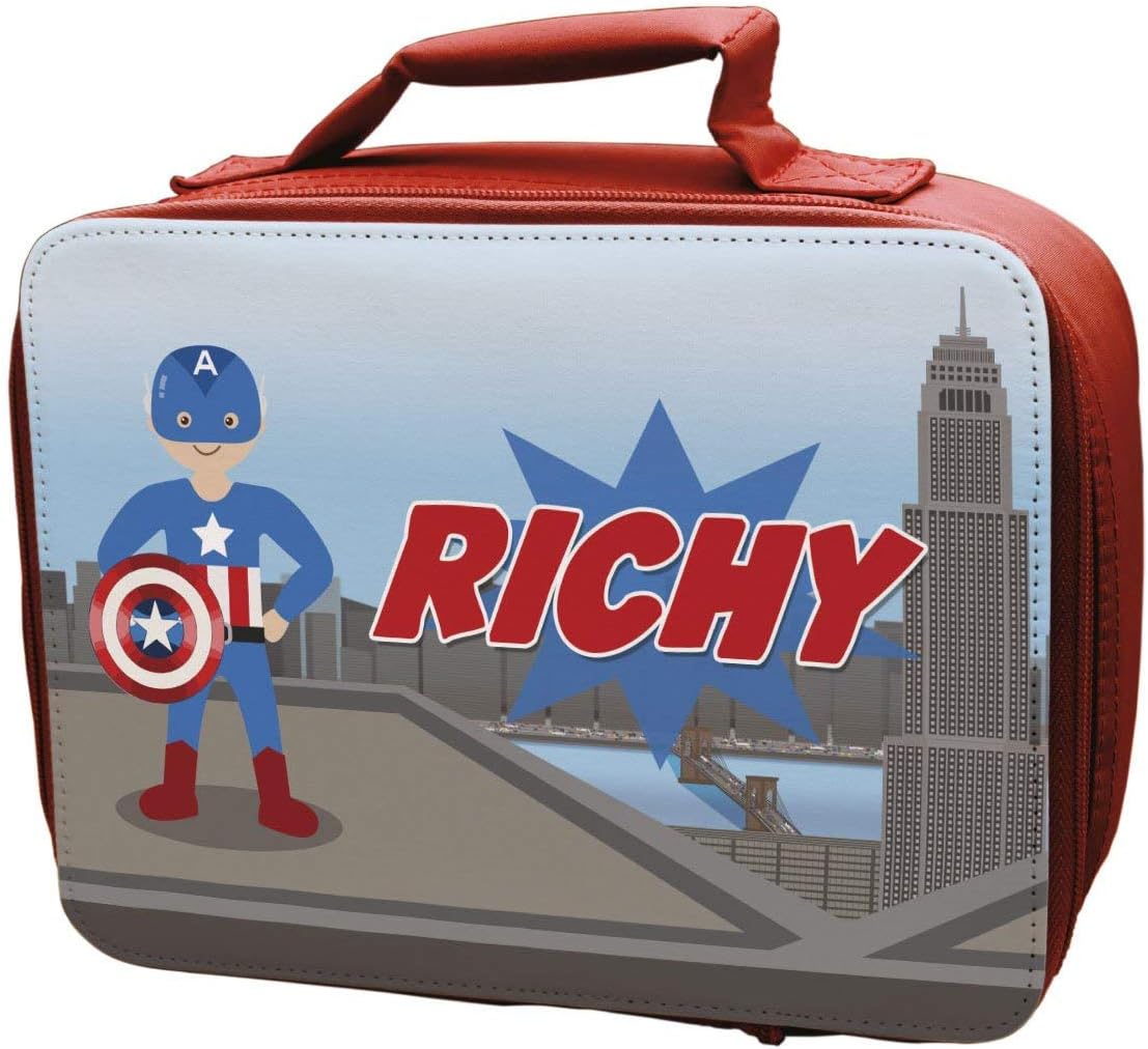 Personalised Superheroes BOYS Lunch Bag RED