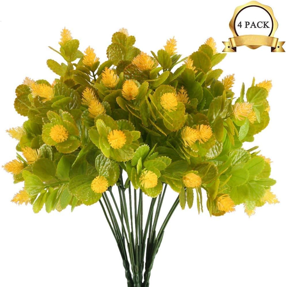 XYXCMOR Artificial Plants Flowers 4pcs Faux Plants Shrubs Greenery Bouquet Plastic Bushes Indoor Outside Hanging Planter Wedding Cemetery Decor Yellow