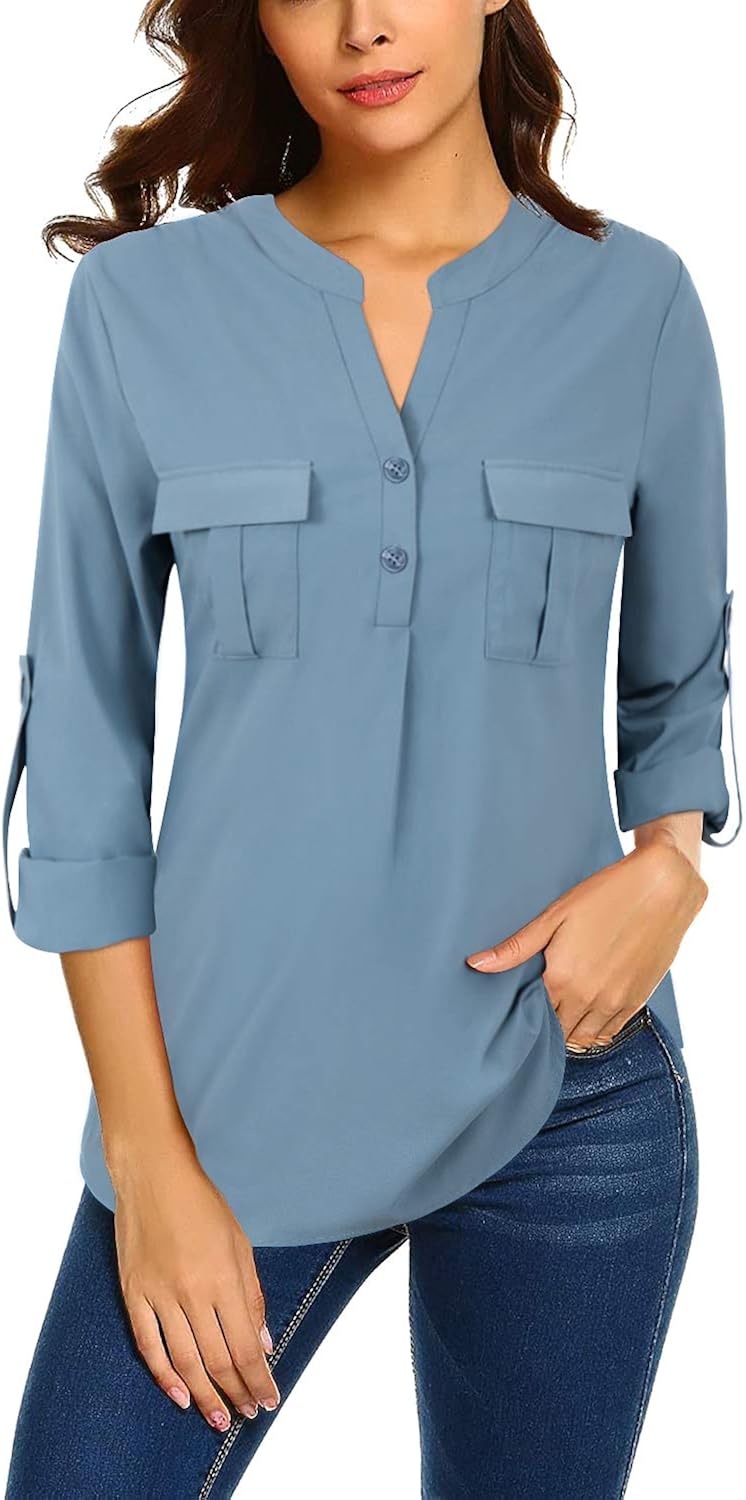 Bulotus Women's V Neck Chiffon Blouse Business Casual Button Down Shirts: Clothing