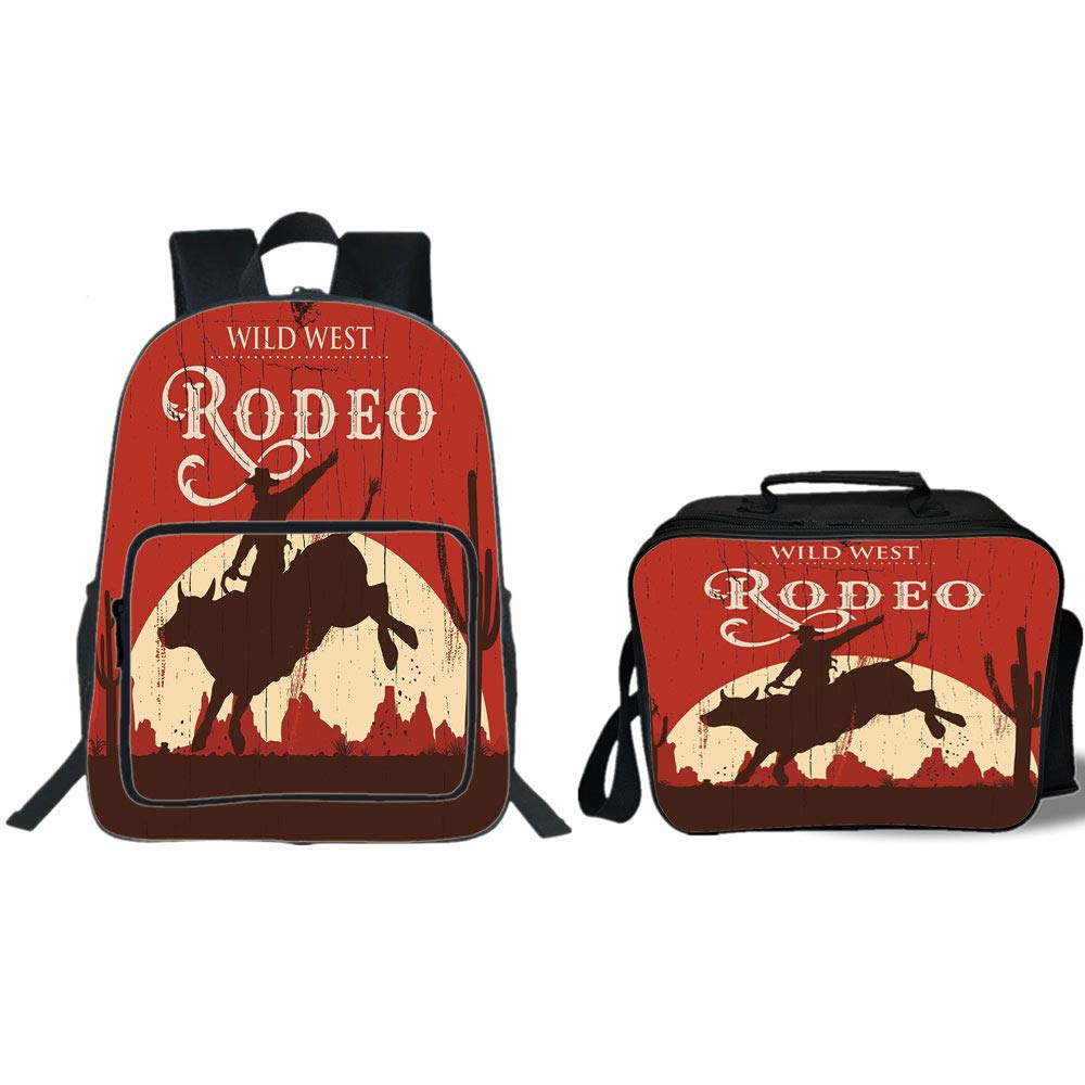iPrint 19" School Backpack & Lunch Bag Bundle,Vintage,Rodeo Cowboy Riding Bull Wooden Old Sign Weste