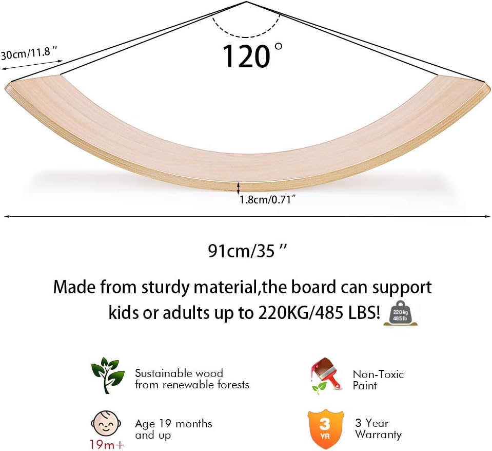 HAJACK Wooden Balance Board, Wobbel Curvy Board for Kids&Adults, Natural Wood Rocker Board, Great Kids Learning Toy for Body Training , Exercise and Physical Therapy for Home &Classroom（35 Inch Size）: Toys & Games