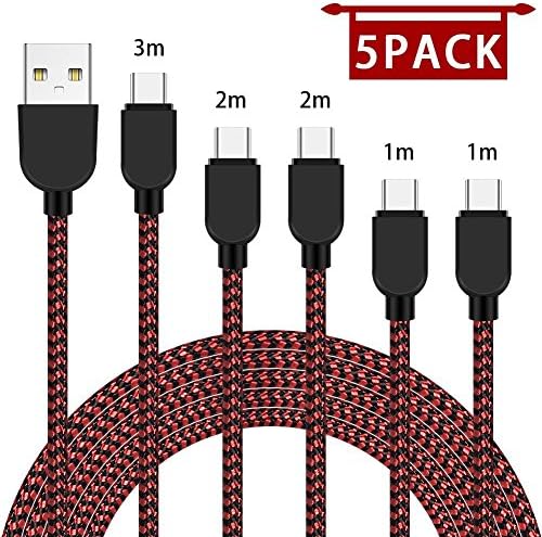USB Type C Cable, UNEN 5 Pack (3/3/6/6/10 ft) Nylon Braided with USB Long Cable Fast Charger Cord for Samsung Galaxy S9,Note 8,S8 Plus,LG V30 V20 G6 G5,Google Pixel,Nexus 6P 5X (Black&amp;Red)