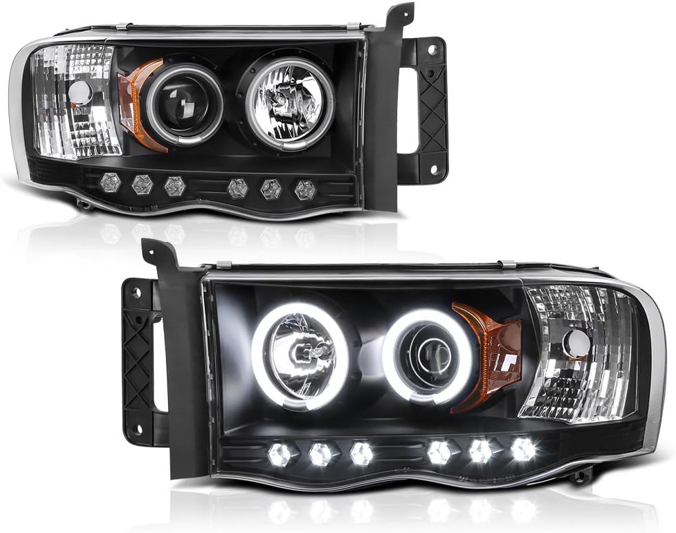 [For 2002-2005 Dodge RAM 1500 2500 3500] CCFL Halo Ring Black Projector Headlight Headlamp Assembly, Driver & Passenger Side