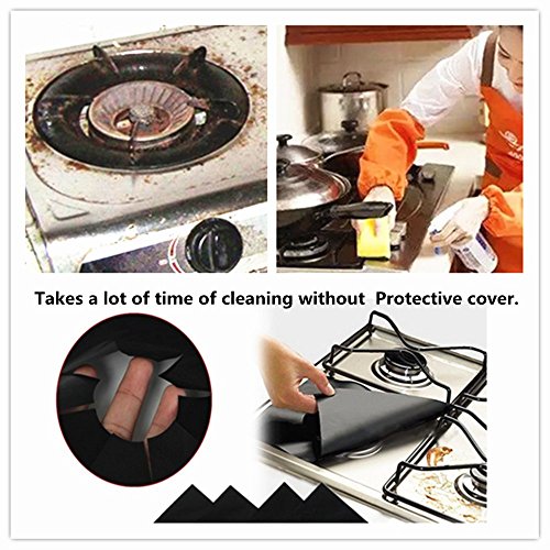 Gas Range Protectors, BeeSpring 4 Pcs Reusable Stovetop Protectors Non-Stick Cushion Stovetop Burner Protector Liner Cover Oil Proof, Anti Fouling Resistant Gas Hob Liner - Black color - Thumbnail 3