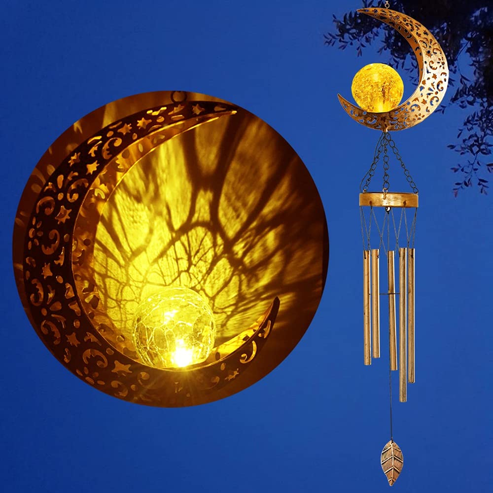 Zawino Wind Chimes for Outside Clearance, Solar Outdoor Windchimes, Large Retro Copper Wind Bells with Crackle Glass Ball, Soft Deep Tone, Wind Chime for Garden Patio Decor, Love Memorial, Mom Gift