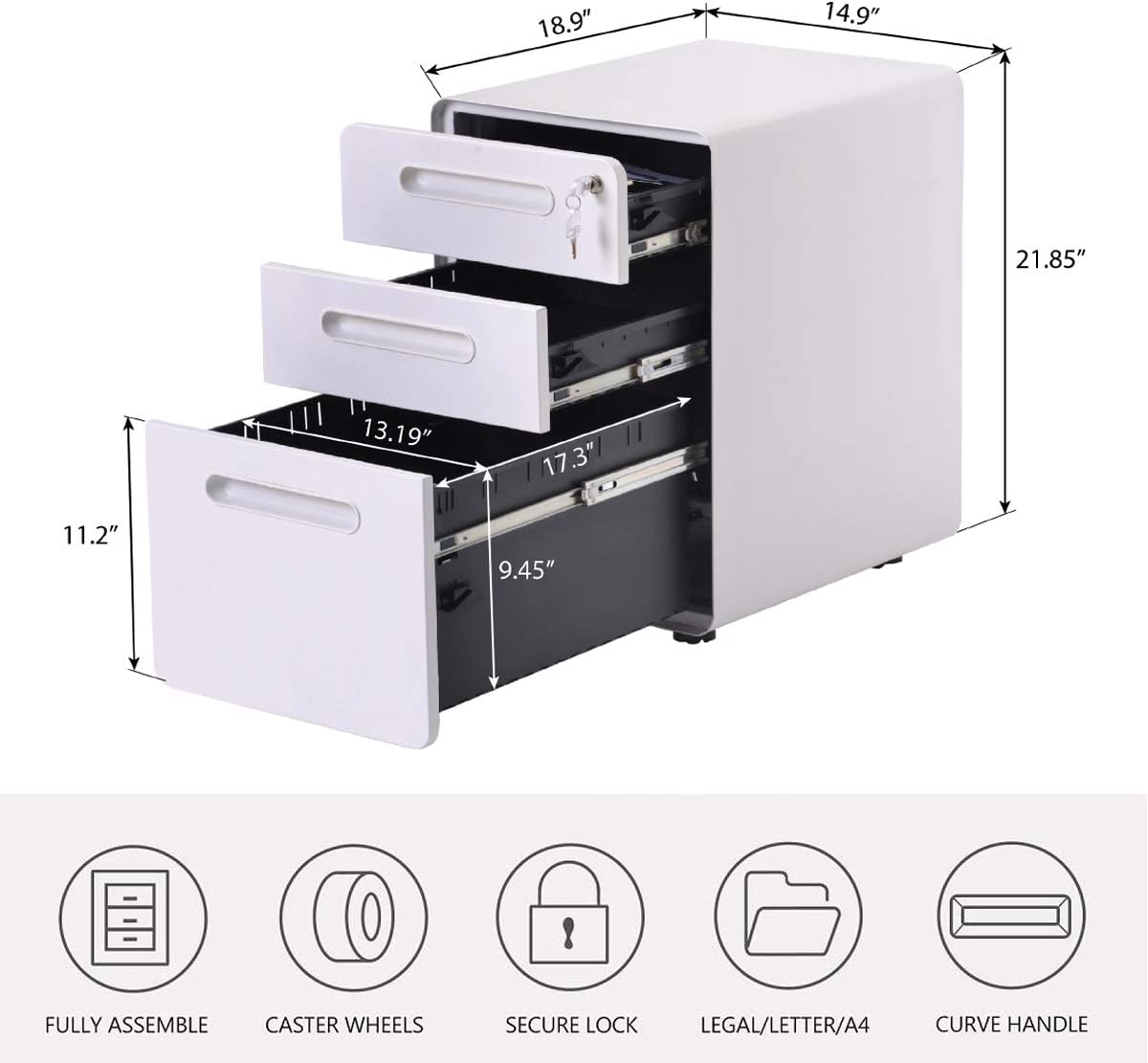 Amazon Com Mobile File Cabinet 3 Drawers Metal Filing Cabinets Pedestal Round Corner With Lock Key Rolling Casters Fully Assembled Home Office Under Desk White Kitchen Dining