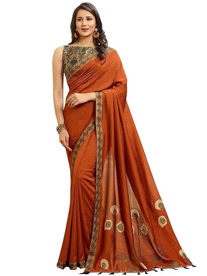 Entaro International Womens Embroidery Worked Vichitra/Rangoli Silk Saree with Lace Work (Blouse Piece Included)