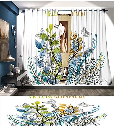 Littletonhome Floral Thermal Insulating Blackout Curtain Hello Summer with Watercolor Fern Branch Butterfly Harvest Season Paint Patterned Drape For Glass Door Amber Olive Green Blue