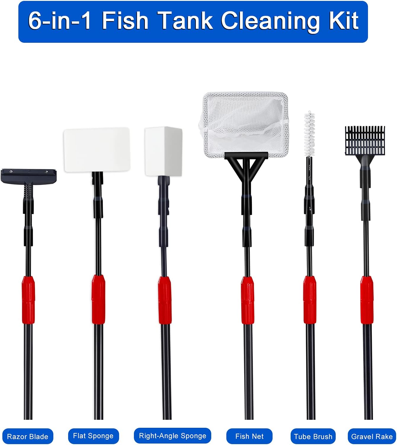 boxtech Fish Tank Cleaner 6 in 1 Kit,Adjustable Long Handle Aquarium Cleaning Tool Set, black, 6 count (Pack of 1) - Image 4