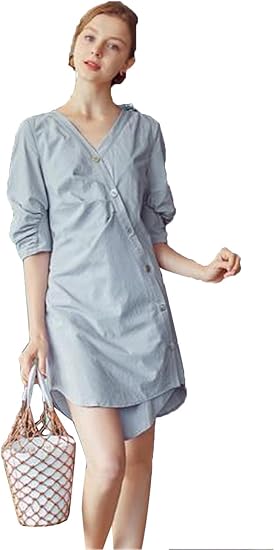 Amazon Co Jp ジャンーウェ ｖネック シャツワンピース 五分袖 レディース タイト チュニック ボタンダウン 斜め エレガント 欧米風 服 ファッション小物