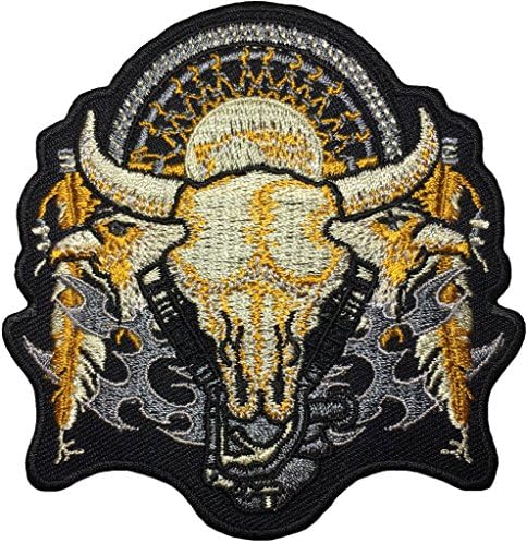 Buffalo horn Indian skeleton patch size 3.25 x 3.5 inch biker heavy metal Logo Jacket Vest shirt hat blanket backpack T shirt Patches Embroidered Appliques Symbol Badge Cloth Sign Costume Gift
