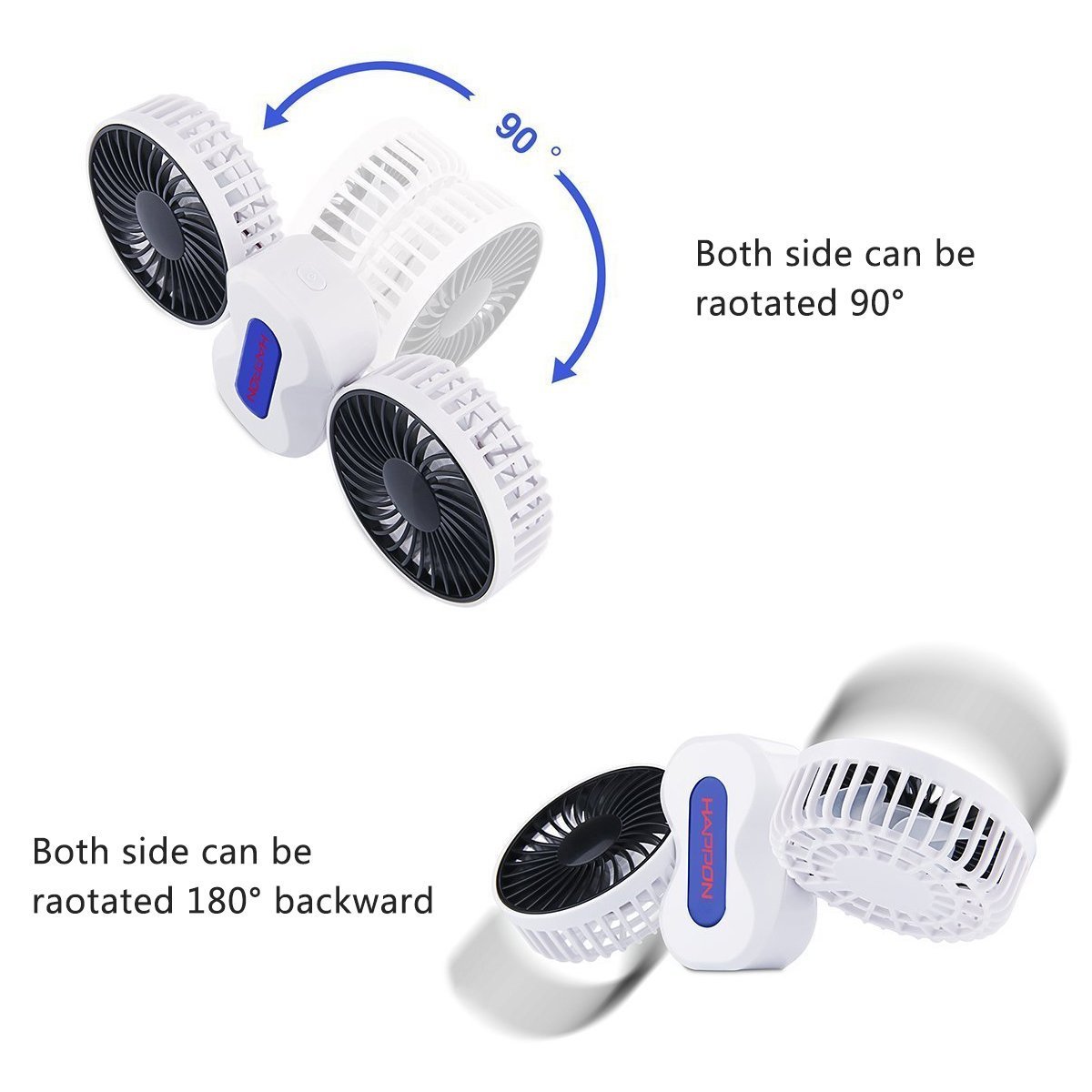 DinoPure Quiet Couples Mini Fan Portable Dual Head USB Rechargeable Foldable 180 Degree Rotation Desktop 3 Adjustable Speed Small Fan with LED Light (white)