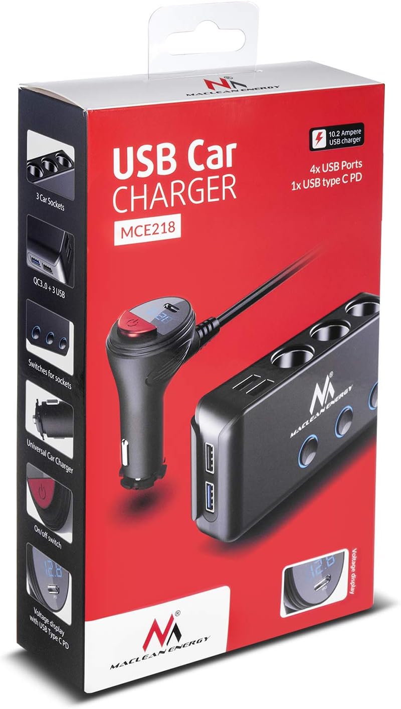 Maclean MCE218 3-Way Car Splitter Cigarette Lighter Adapter 4 USB Ports LED Voltmeter Max 120 W Charger Power Delivery 18 W - Image 5