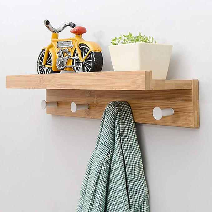 Perchero de pared de bambú con ganchos. Estante superior flotante para