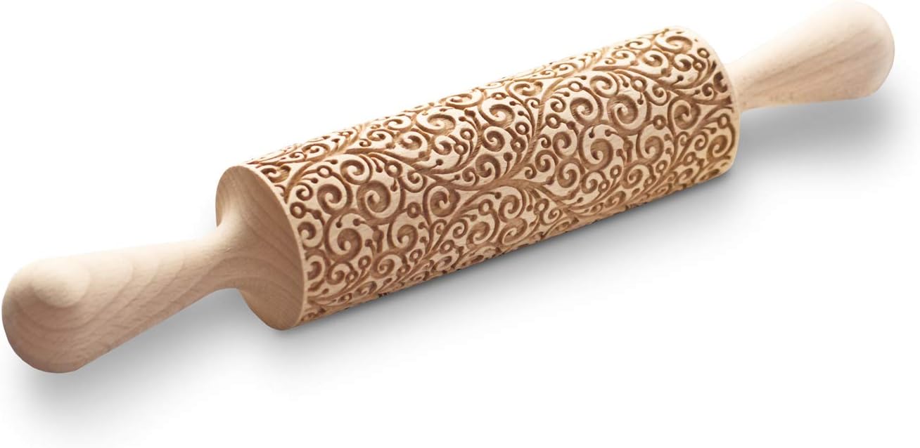 Curly rolling pin 3D, patterned cookie stamp, embossed floral imprint utensil, twirly flower motive etched roller