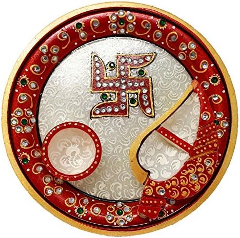 GiftNagri Marble Handcrafted Minakari Work Traditional 6 Inches Pooja Thali with Two Items