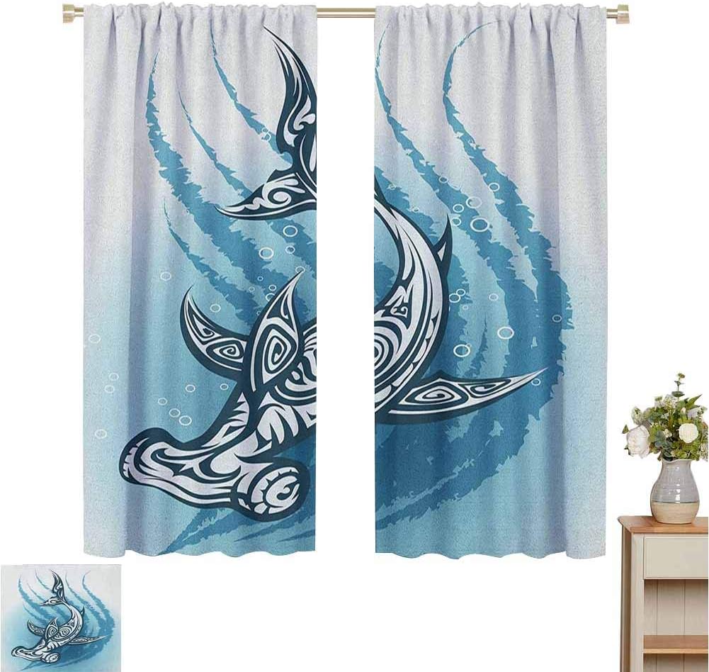 2020 Gardome Curtains for Living Room Shark,Hammerhead Fish with Ornamental Effects Swimming Ocean Image,Dark and Petrol Blue White,Rod Pocket Curtain Panels for Bedroom & Kitchen 120" W x 96" L