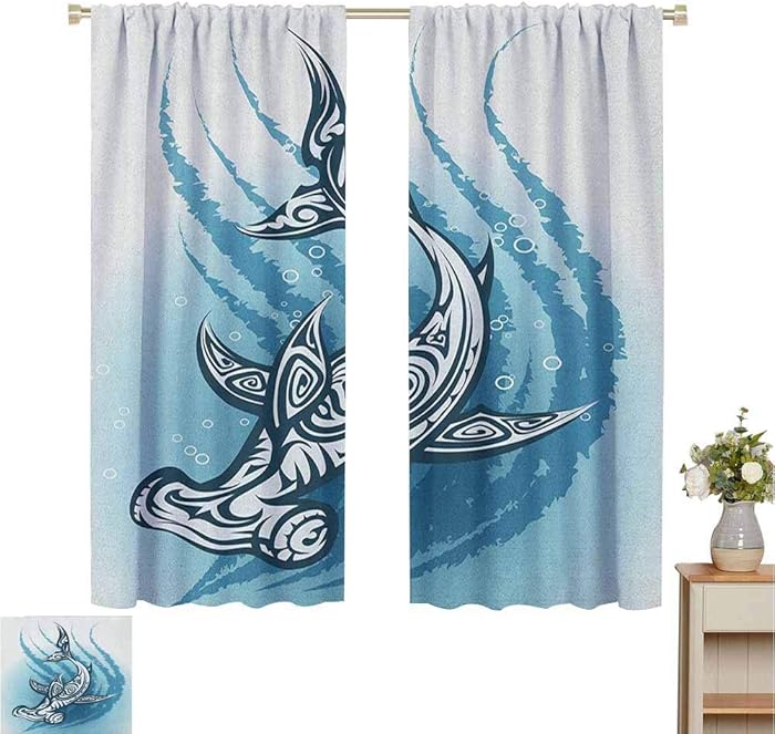 2020 Gardome Curtains for Living Room Shark,Hammerhead Fish with Ornamental Effects Swimming Ocean Image,Dark and Petrol Blue White,Rod Pocket Curtain Panels for Bedroom & Kitchen 120" W x 96" L