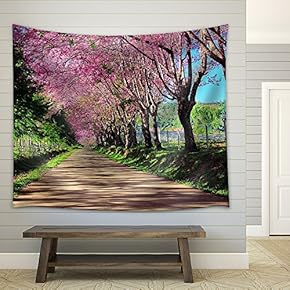 Cherry Blossom Pathway in Chiangmai, Thailand - Fabric Wall Tapestry Home Decor - 51x60 inches