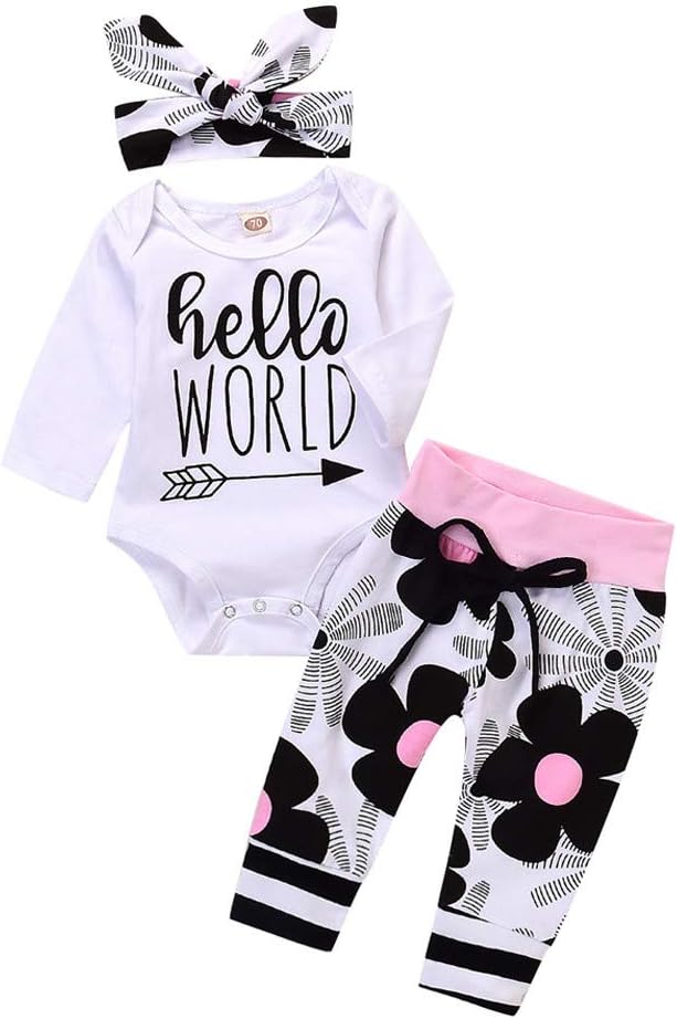 Hello World' Outfits Set for Infant Newborn Baby Girls Floral Print Romper Jumpsuit + Pants +Bowknot Headband