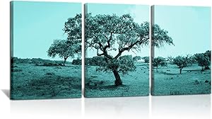3 Piece Huge Tree Canvas Wall Art Teal Blue Big Tree Turquoise Forest Picture Autumn Natural Landscape Photo Artwork for Home Bathroom Bedroom Wall Decor Ready to Hang 12
