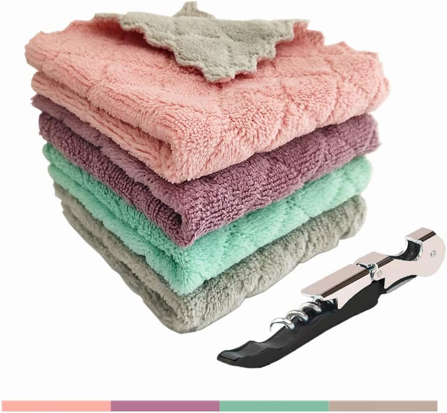 QURIPE 4-Pack 9.85"x9.85" Microfiber Cleaning Cloth，Dish Towels, Double-Sided Dish Drying Towels，Reusable Household Cleaning Cloths for House Furniture Table Kitchen Dish Window Glasses: Health & Personal Care