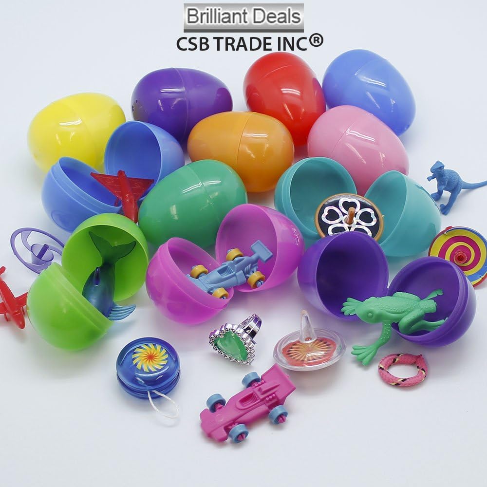 24 Toy Filled Easter Eggs, Eggs Measure 2.3 Inches Filled With Rings, Stickers, hinged Together For Easy Assembly - 10 Bright Shiny Colors, Great For School Easter Egg Hunt - 24 Pack