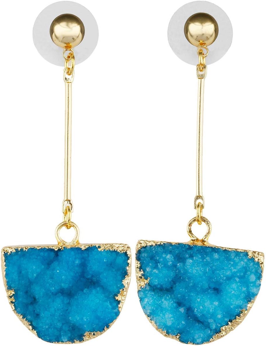 Half-Round Crystal Drusy Geode Quartz Dangle Earrings for Women, Gold Plated 2.2"