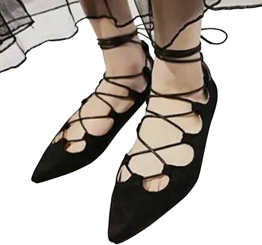Amazon ノーブランド品 レースアップシューズ レースアップ パンプス 編み上げ 編み上げシューズ レディース ぺたんこ ぺたんこシューズ バレエシューズ ポイ パンプス
