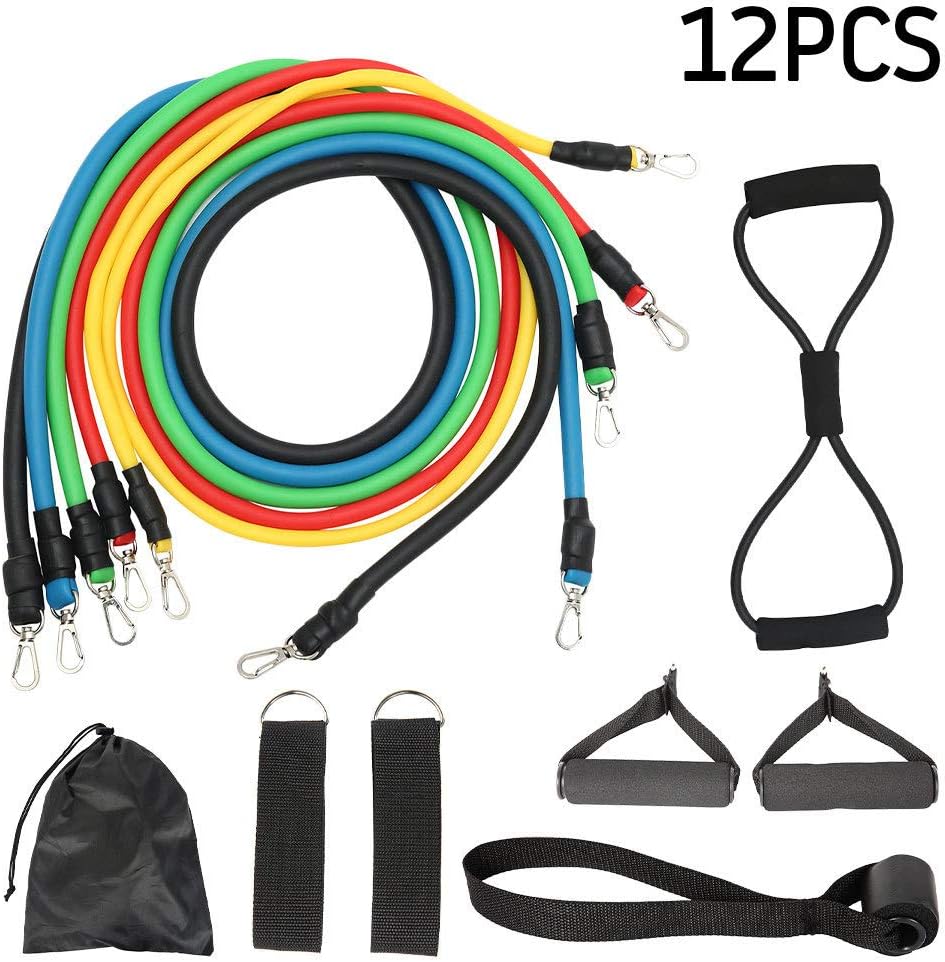 12PC Exercise Resistance Bands Set,Fitness Stretch Workout Bands with Fitness Tubes, Foam Handles, Ankle Straps, Door Anchor for Home Gym Fitness,for Men Women