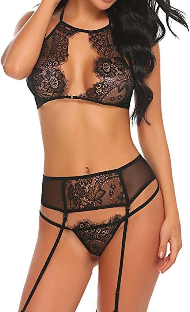 LILICAT Women Sexy Lingerie Set Floral Lace Unlined Bralette Corset Lace Flowers Push Up Top Bra with G-String and Adjustable Suspender Garter Belt Sexy Ladies Underwear Nightwear