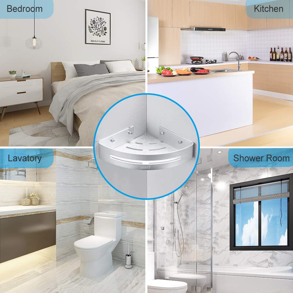 Mensole doccia, Sunvito Mensole Bagno Angolare Senza Foratura, Lega di Alluminio Anti-Ruggine con 2 Piani, Montato A Muro, Mensole per Doccia Bagno Cucina