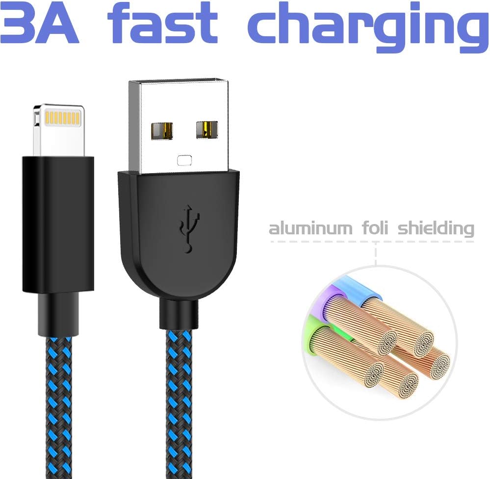 PLmuzsz MFi Certified iPhone Charger Lightning Cable 5 Pack High Speed Nylon Braided USB Fast Charging&Data Syncs Cord Compatible iPhone Xs/Max/XR/X/8/8Plus/7/7Plus/6S/6S Plus/SE/iPad/Nan (Black&Blue)