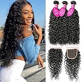 Brazilian Human Hair Virgin 3 Bundles with Closure Bundles Water Wave Hair with 4x4 Free Part Closure Unprocessed Virgin Human Hair (8 10 12 with 8, Natural Color)