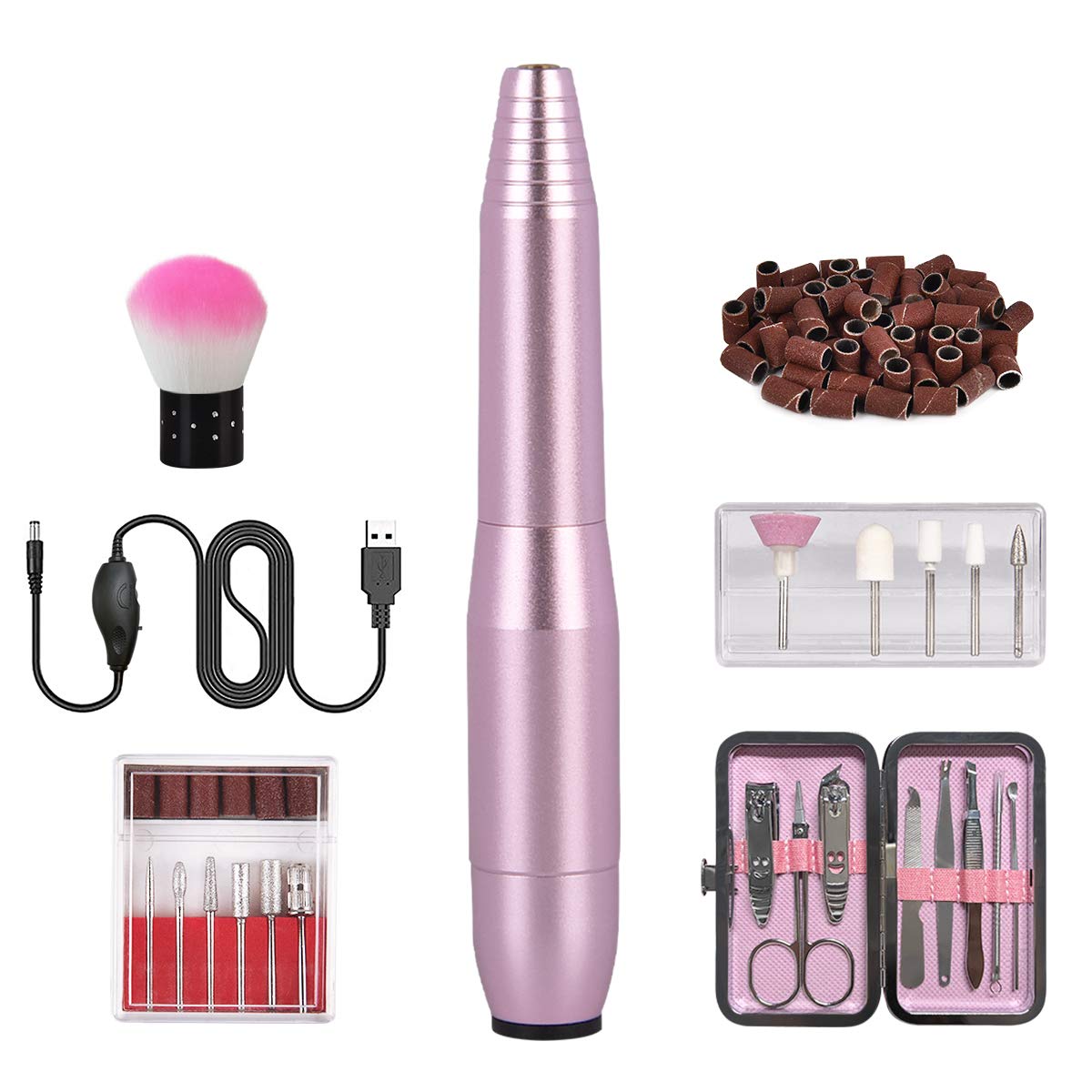 Electric Nail Drill, Professional Portable Electric Nail File Kit for Acrylic, Gel Nails Polishing Shape Tools with 11 Bits and 56 Sanding Bands and Brush Manicure Pack for Home Salon DIY Use (Purple)