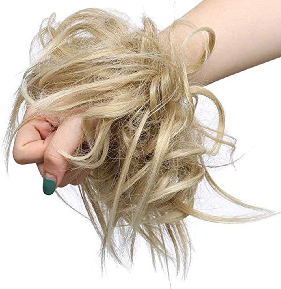New Tousled Synthetic Hair Bun Hairpiece - Elastic Updo Instant Ponytail Messy Wig Hair Donut - Ash Blonde & Bleach Blonde