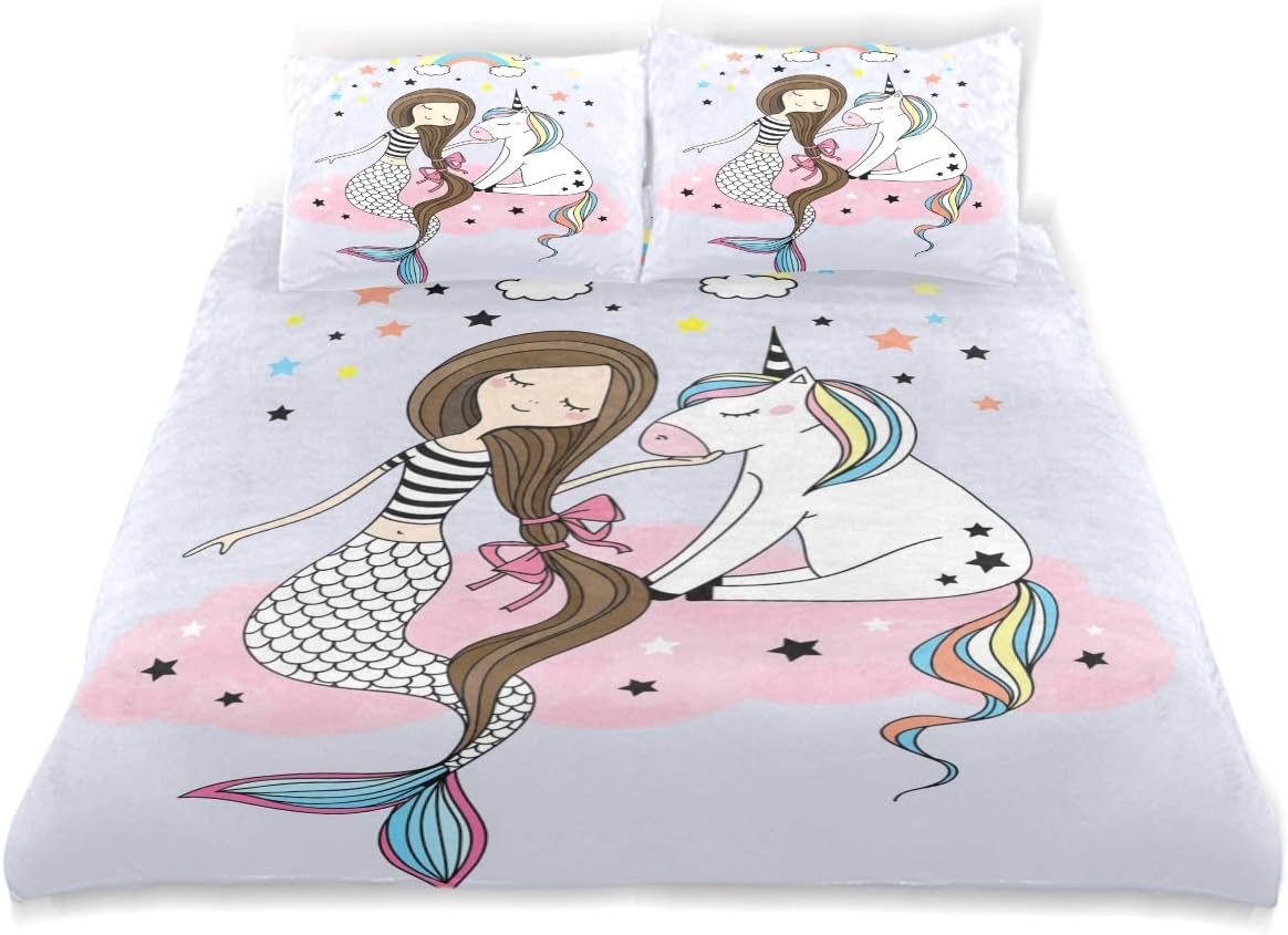 SUABO 3 Pieces Duvet Cover Set Twin Size Comforter Cover Unicorn and Mermaid Ultra Soft Bedding Duvet Cover for Kids