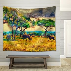 Colorful Impressionist African Landscape with Elephants Oil Painting - Fabric Wall Tapestry Home Decor - 51x60 inches