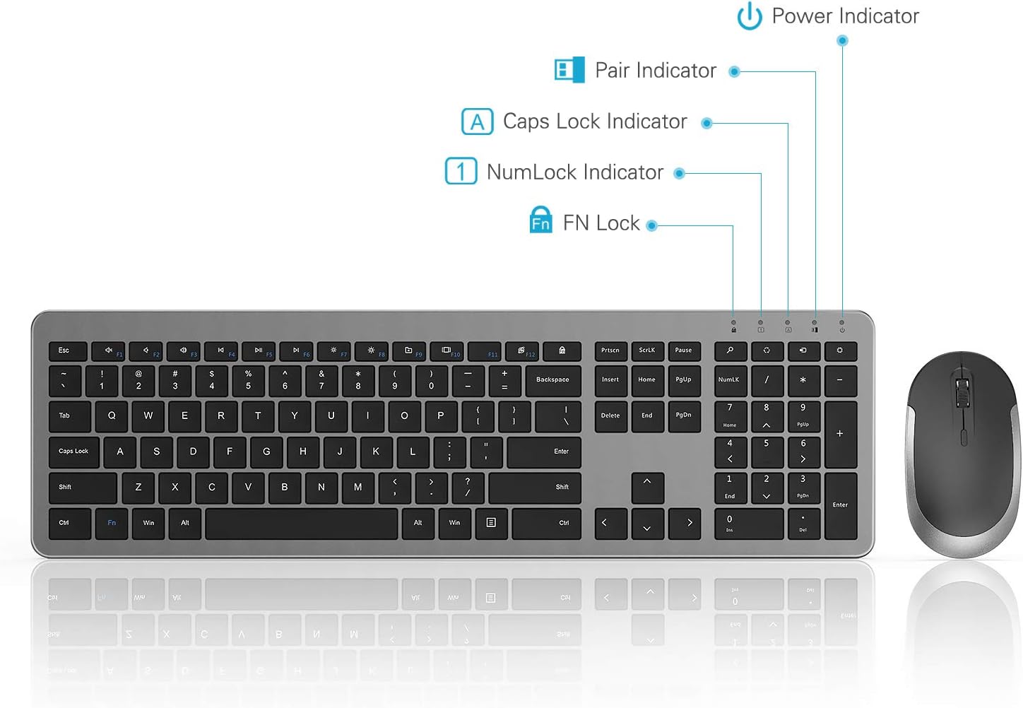 Wireless Keyboard and Mouse Combo - Full Size Slim Thin Wireless Keyboard Mouse with Numeric Keypad 2.4G Stable Connection Adjustable DPI (Grey & Black): Computers & Accessories