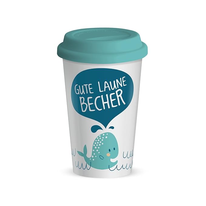 Die Geschenkewelt 44426 Becher mit Motiv Gute Laune Becher, Porzellan, 45 cl, mit Silikon-Deckel, blau, weiß